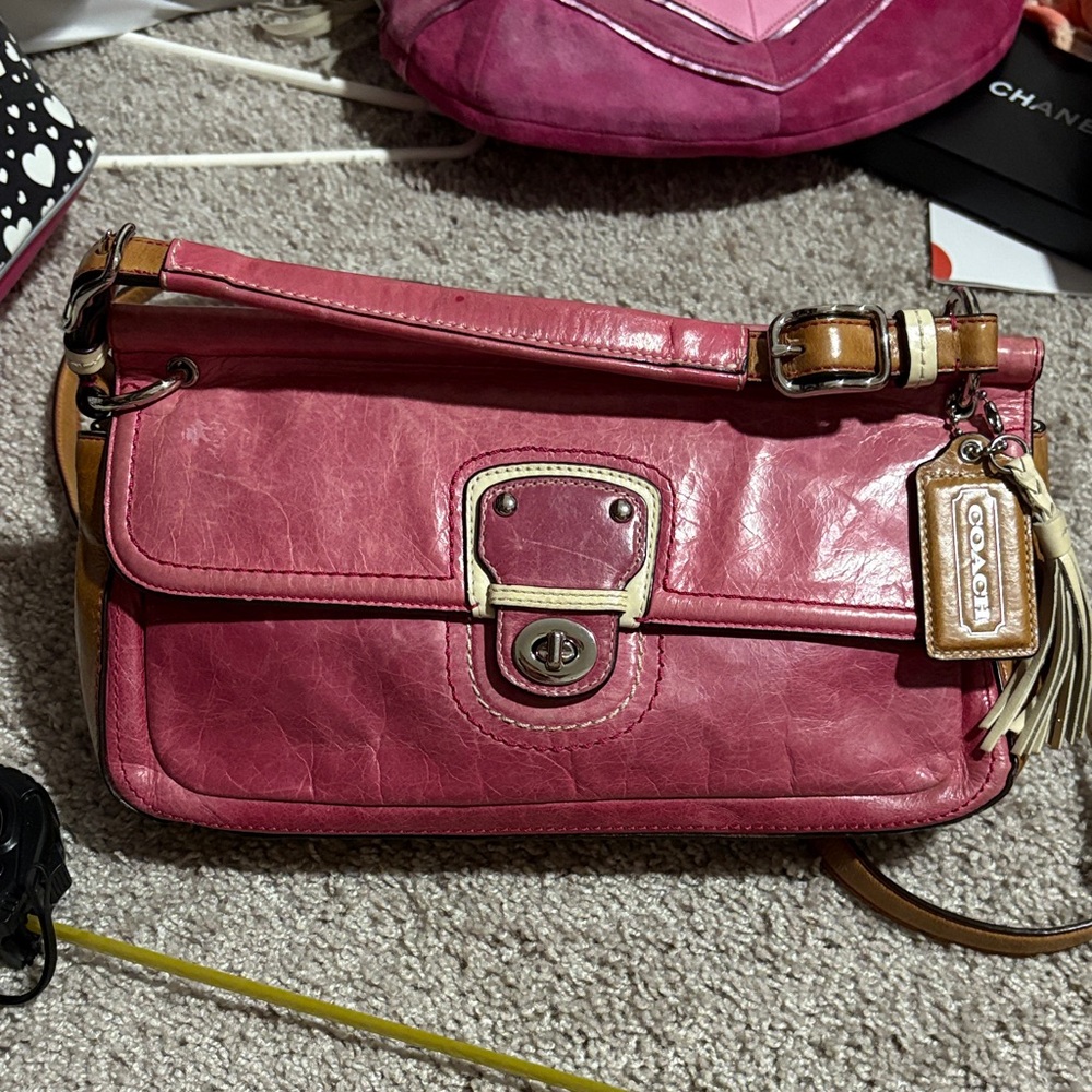 Coach Pink and Tan Leather Shoulder Bag